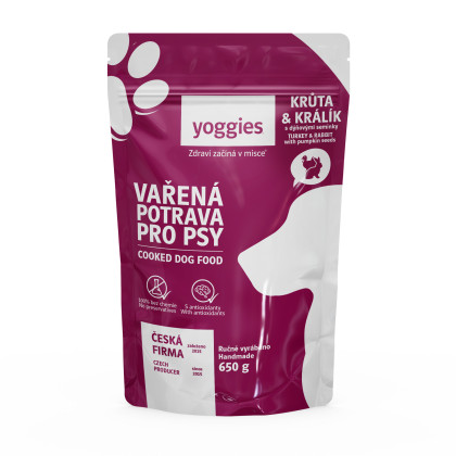 650g Yoggies Vařená potrava pro psy – krůtí a králičí maso s dýňovými semínky a kloubní výživou