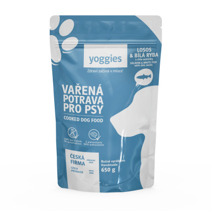 650g Yoggies Vařená potrava pro psy – losos a bílá ryba s chia semínky a kloubní výživou