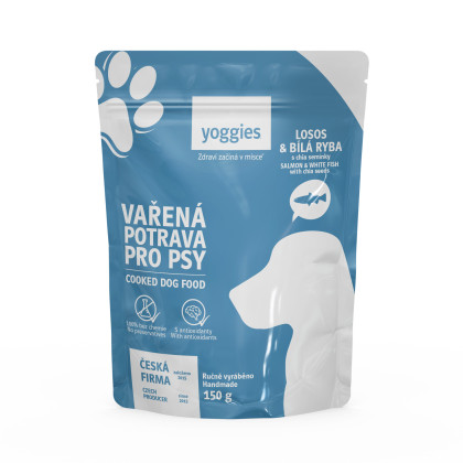 650g Yoggies Vařená potrava pro psy – losos a bílá ryba s chia semínky 